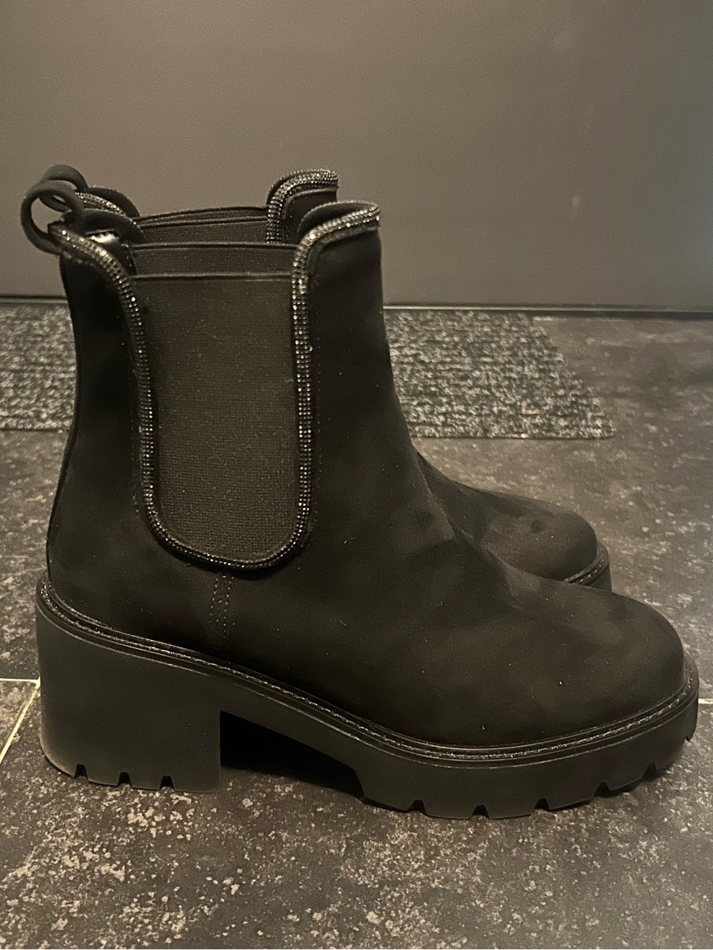 Black Chunky Chelsea Bootie with Beaded Trim